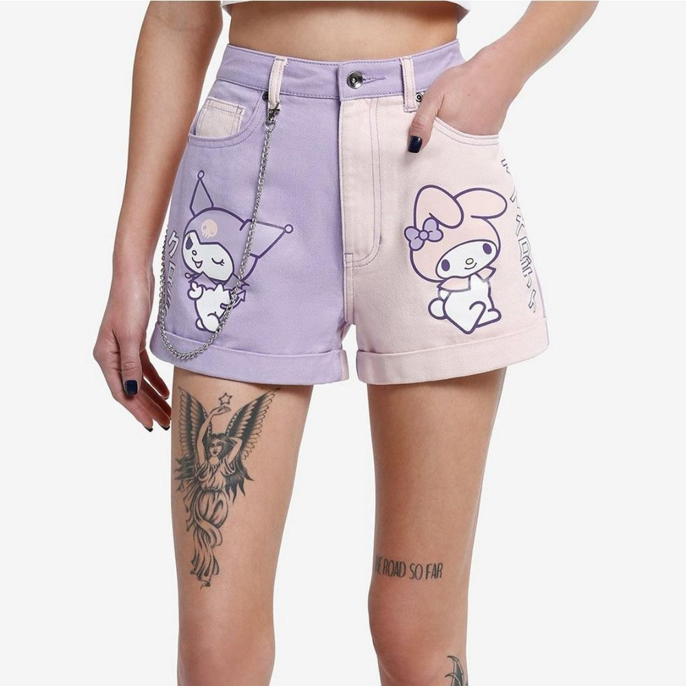 Sanrio My Melody & Kuromi Pastel Color-Block Girls Denim Shorts pink size 3